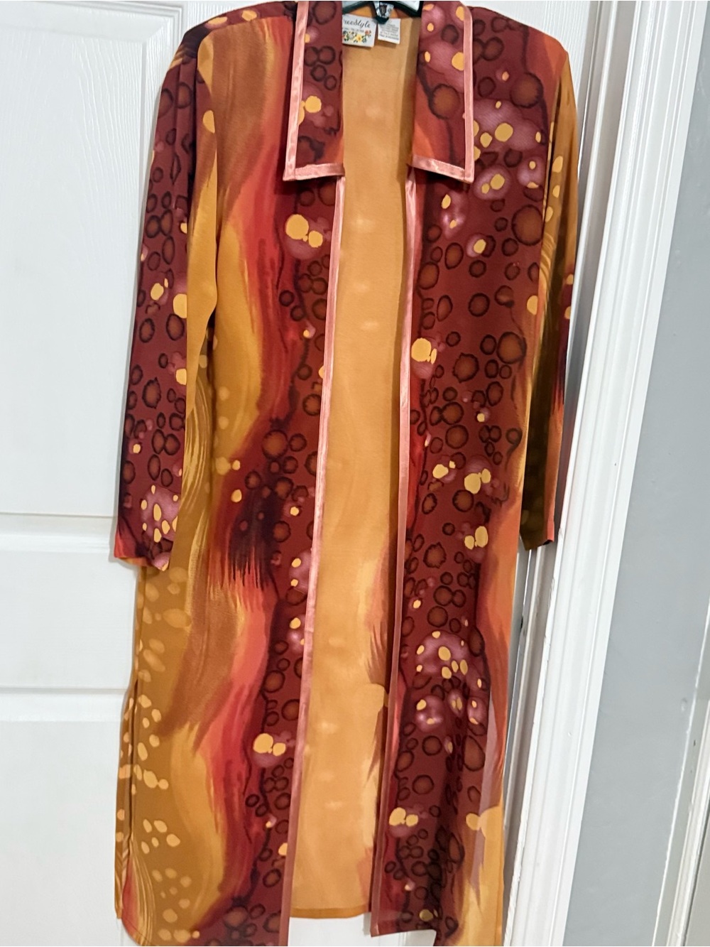 Freestyle Long Open-Front Printed Duster in Rust and Mustard